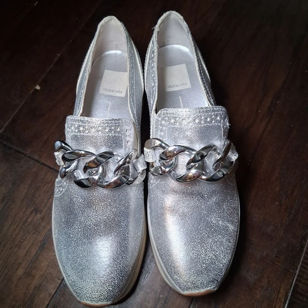 Dolce Vita Jhenee Silver Metallic Leather Platform Loafer Sneaker
